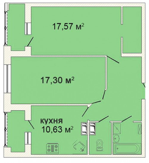 Двухкомнатная квартира 69.89 м²